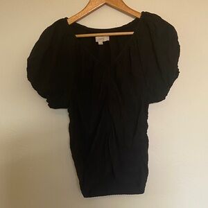 LOFT Black Seersucker Cinched Puff Sleeve Top